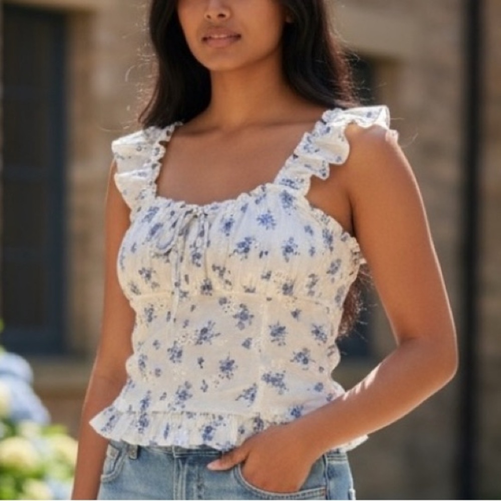 NWT Limited Too White eyelet romantic corset style camisole‎ blue flowers XXL